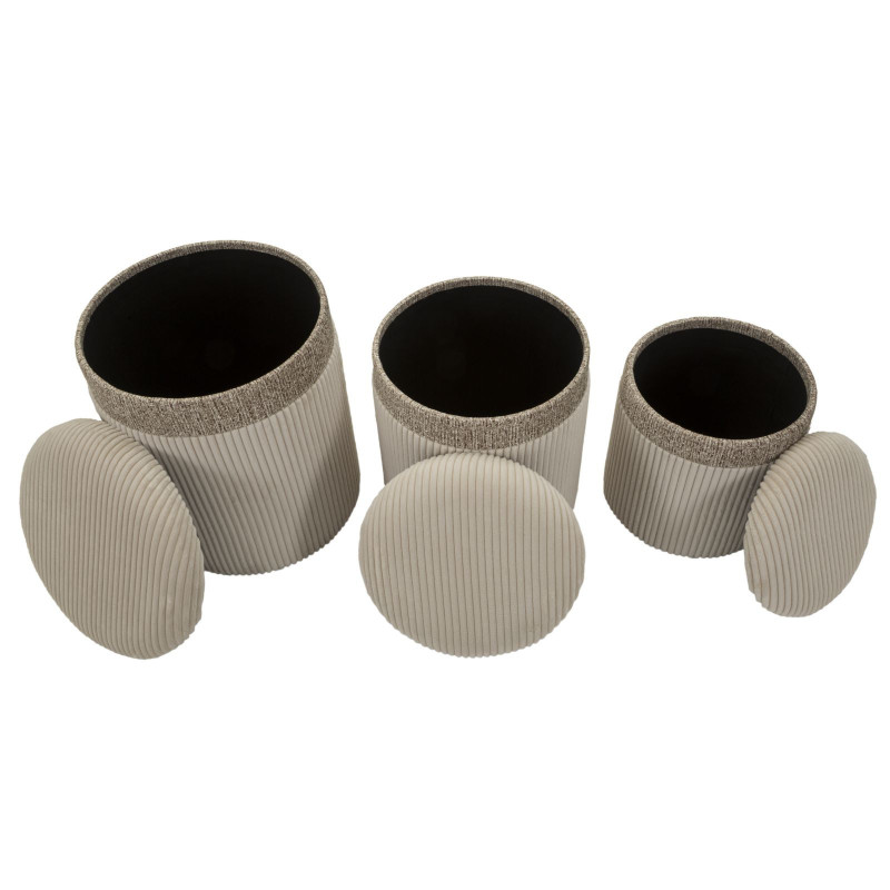 Pouf moderne chic Rond avec coffre de rangement Velours côtelé Blanc crème MDF Cortina (Lot de 3) 