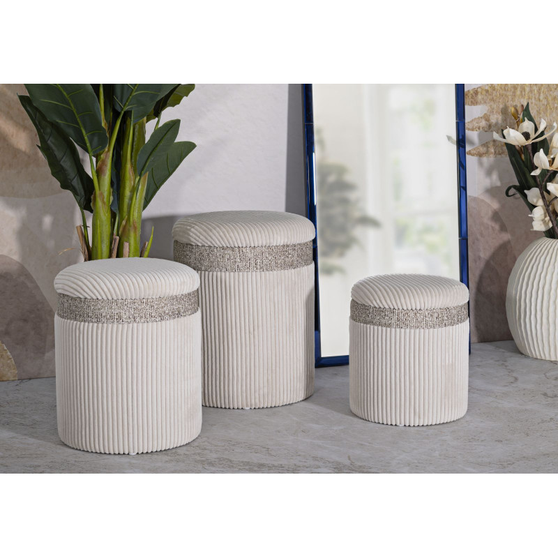 Pouf moderne chic Rond avec coffre de rangement Velours côtelé Blanc crème MDF Cortina (Lot de 3) 