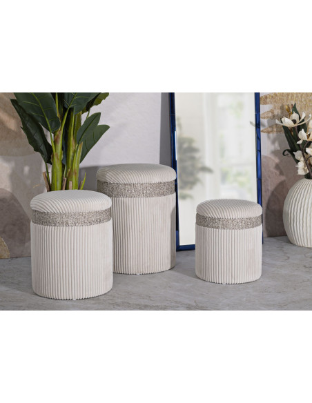 Pouf moderne chic Rond avec coffre de rangement Velours côtelé Blanc crème MDF Cortina (Lot de 3) 