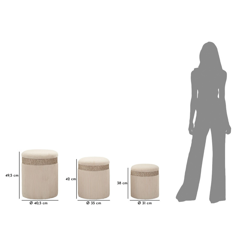 Pouf moderne chic Rond avec coffre de rangement Velours côtelé Blanc crème MDF Cortina (Lot de 3) 