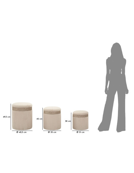 Pouf moderne chic Rond avec coffre de rangement Velours côtelé Blanc crème MDF Cortina (Lot de 3) 