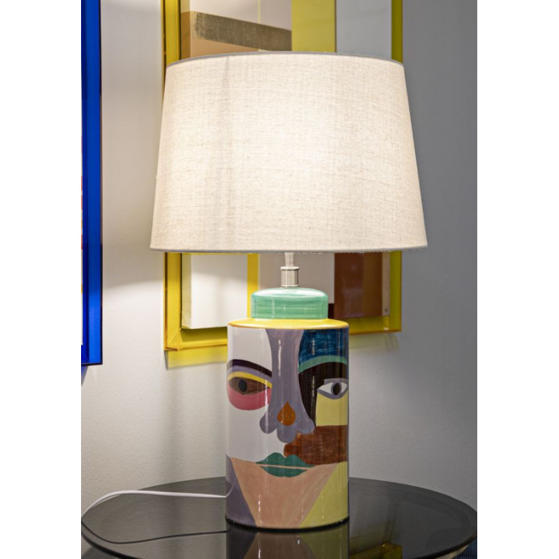 Grande Lampe à poser style art déco Hauteur 65 cm Céramique Multicolore Métal Doré Tissu Blanc Picassy 
