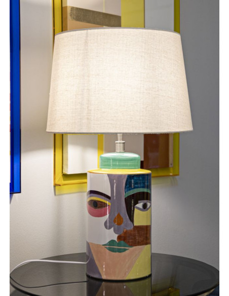 Grande Lampe à poser style art déco Hauteur 65 cm Céramique Multicolore Métal Doré Tissu Blanc Picassy 