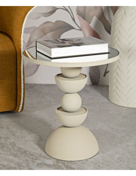 Table d'appoint moderne totem Ronde 40 cm Métal Blanc crème Miroir Dune 