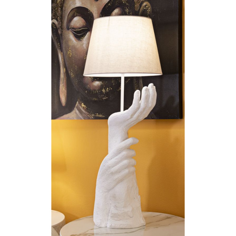 Grande Lampe à poser moderne Mains Hauteur 93 cm Résine Métal Blanc Tissu Beige Life 