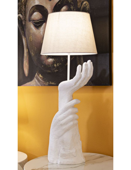 Grande Lampe à poser moderne Mains Hauteur 93 cm Résine Métal Blanc Tissu Beige Life 