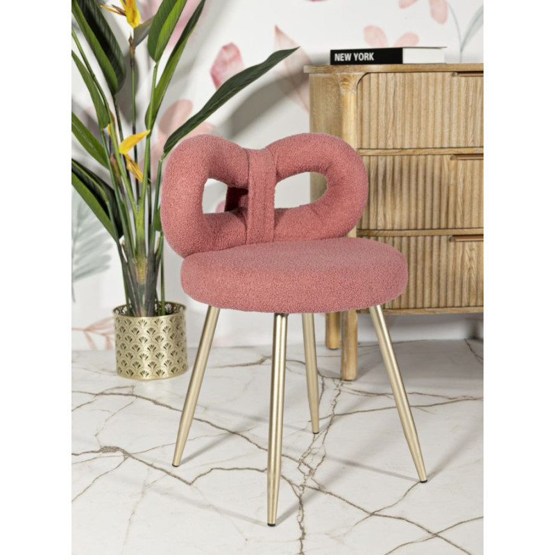 Chaise originale bouclette Noeud Tissu Rose Bouclé Métal Doré Bois MDF Ilary 