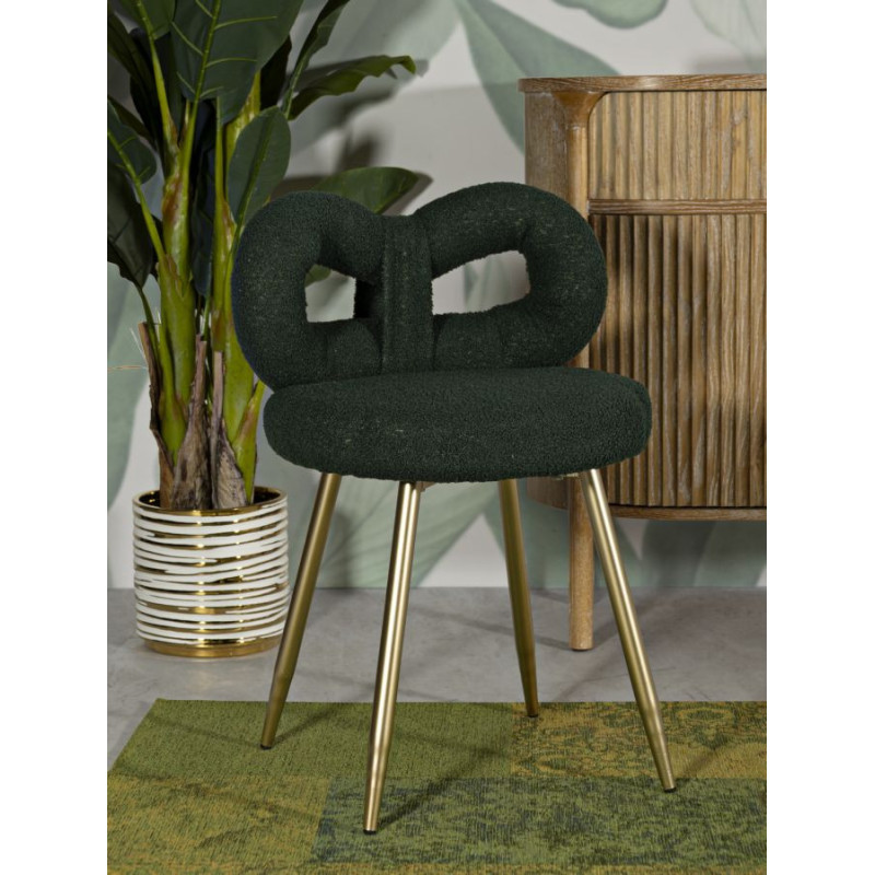 Chaise originale bouclette Noeud Tissu Vert Bouclé Métal Doré Bois MDF Ilary 