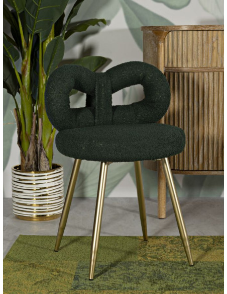 Chaise originale bouclette Noeud Tissu Vert Bouclé Métal Doré Bois MDF Ilary 