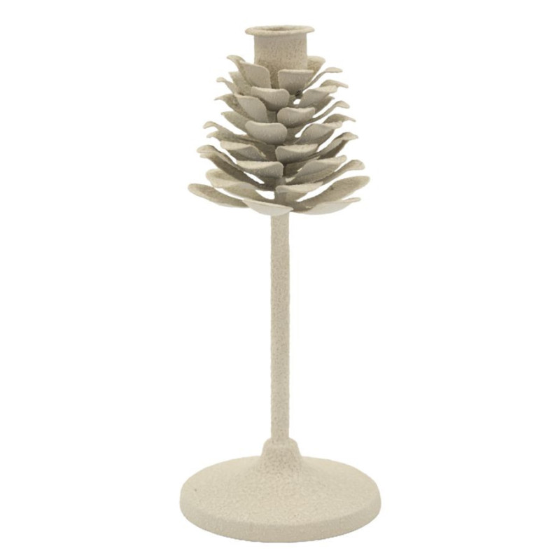 Bougeoir moderne Pomme de pin Hauteur 22 cm Métal Blanc crème Dune 