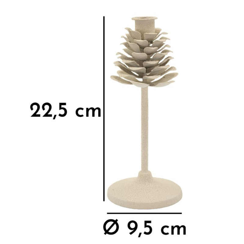 Bougeoir moderne Pomme de pin Hauteur 22 cm Métal Blanc crème Dune 