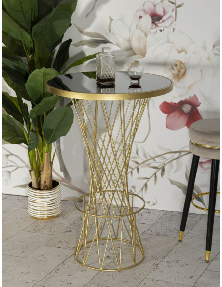 Table de bar haute moderne chic Ronde 2 personnes Verre Noir Métal Doré Tower 