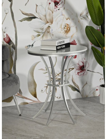 Table d'appoint orientale chic Ronde Marbre Blanc Métal Argenté Istanbul 