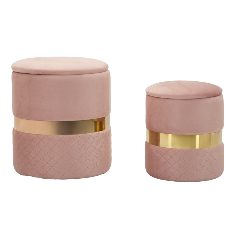 Pouf coffre rangement moderne chic Rond Velours Rose MDF Métal Doré Sheffild (Lot de 2) 