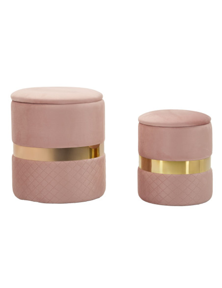 Pouf coffre rangement moderne chic Rond Velours Rose MDF Métal Doré Sheffild (Lot de 2) 