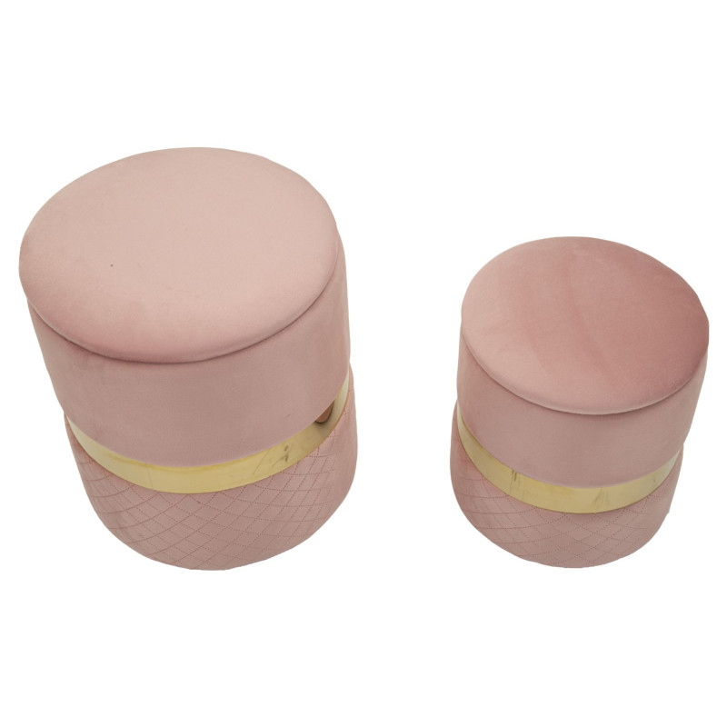 Pouf coffre rangement moderne chic Rond Velours Rose MDF Métal Doré Sheffild (Lot de 2) 