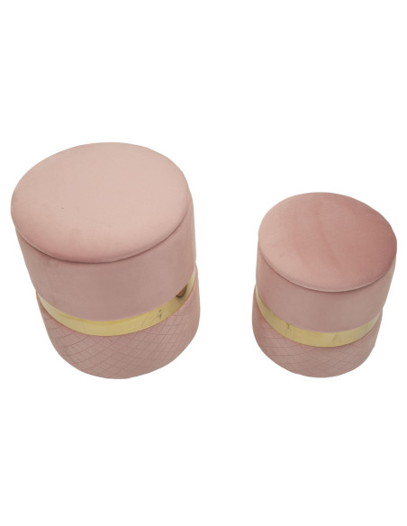 Pouf coffre rangement moderne chic Rond Velours Rose MDF Métal Doré Sheffild (Lot de 2) 