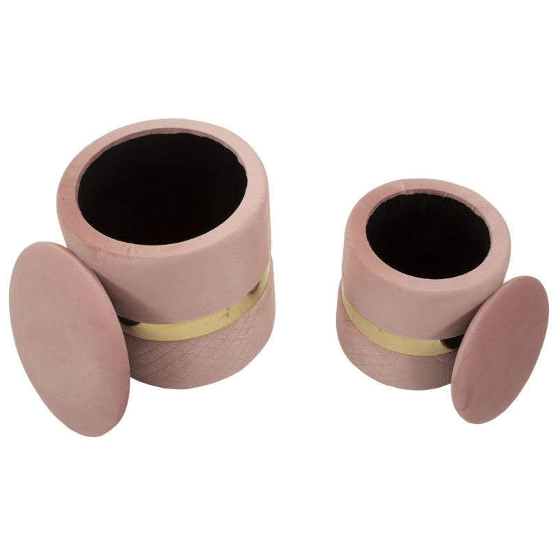 Pouf coffre rangement moderne chic Rond Velours Rose MDF Métal Doré Sheffild (Lot de 2) 
