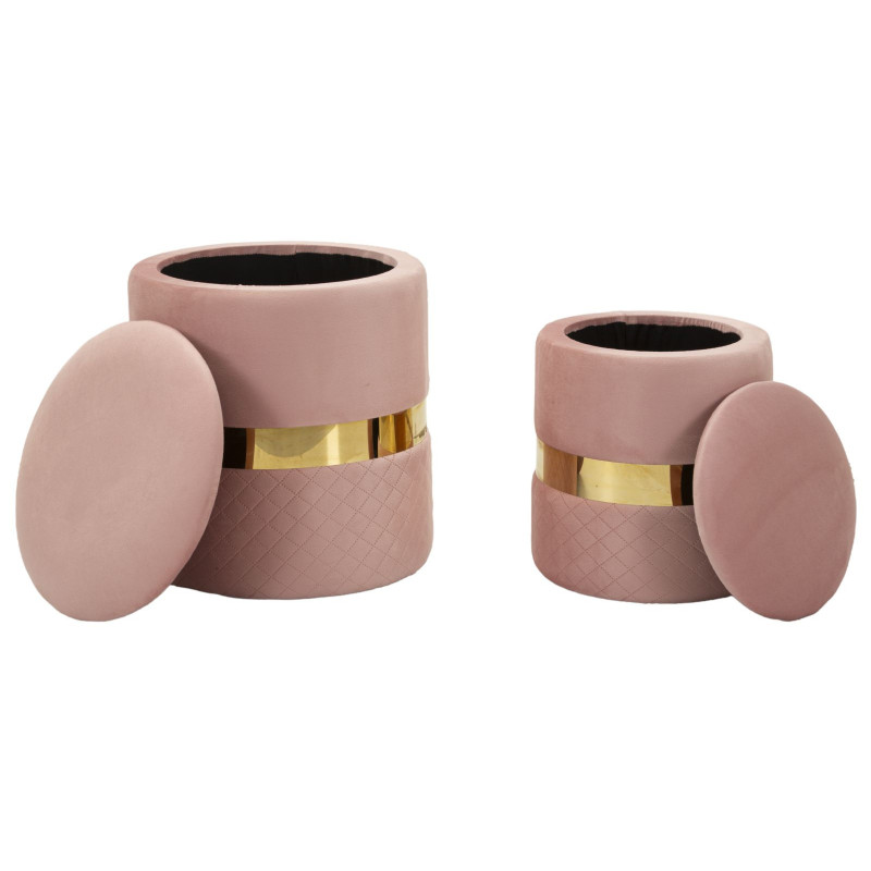 Pouf coffre rangement moderne chic Rond Velours Rose MDF Métal Doré Sheffild (Lot de 2) 