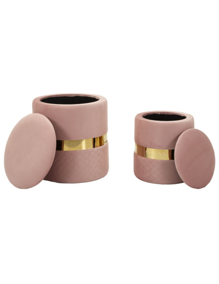 Pouf coffre rangement moderne chic Rond Velours Rose MDF Métal Doré Sheffild (Lot de 2) 
