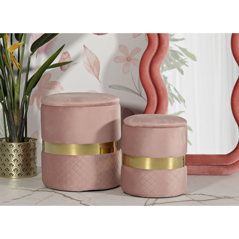 Pouf coffre rangement moderne chic Rond Velours Rose MDF Métal Doré Sheffild (Lot de 2) 