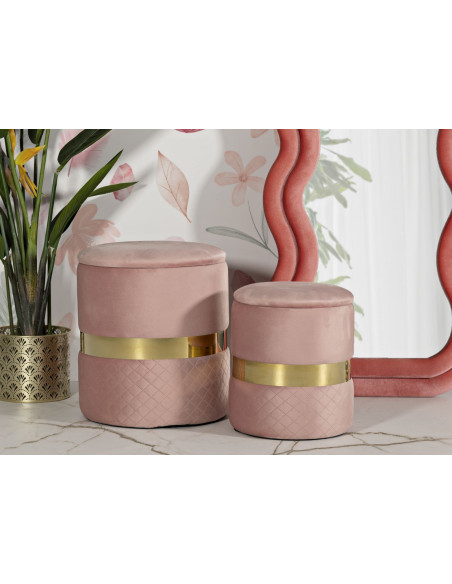 Pouf coffre rangement moderne chic Rond Velours Rose MDF Métal Doré Sheffild (Lot de 2) 