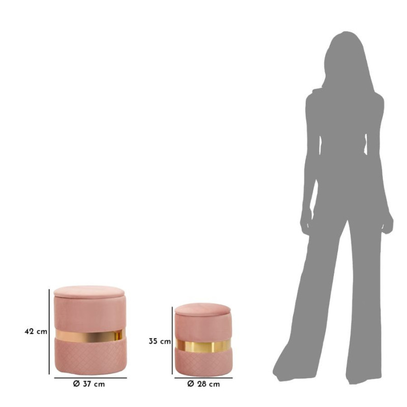 Pouf coffre rangement moderne chic Rond Velours Rose MDF Métal Doré Sheffild (Lot de 2) 