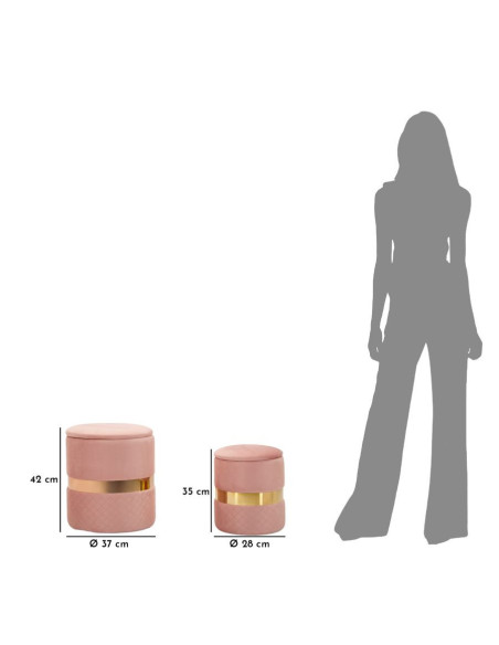 Pouf coffre rangement moderne chic Rond Velours Rose MDF Métal Doré Sheffild (Lot de 2) 