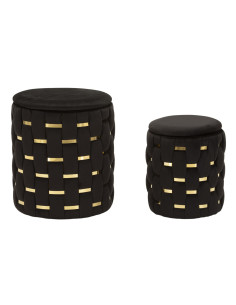 Pouf coffre rangement original chic Rond Tissu Noir Tressé MDF Métal Doré Shanty (Lot de 2) 
