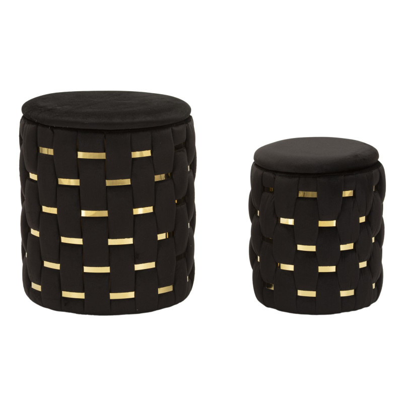 Pouf coffre rangement original chic Rond Tissu Noir Tressé MDF Métal Doré Shanty (Lot de 2) 