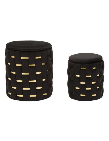 Pouf coffre rangement original chic Rond Tissu Noir Tressé MDF Métal Doré Shanty (Lot de 2) 