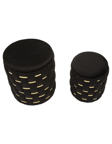 Pouf coffre rangement original chic Rond Tissu Noir Tressé MDF Métal Doré Shanty (Lot de 2) 