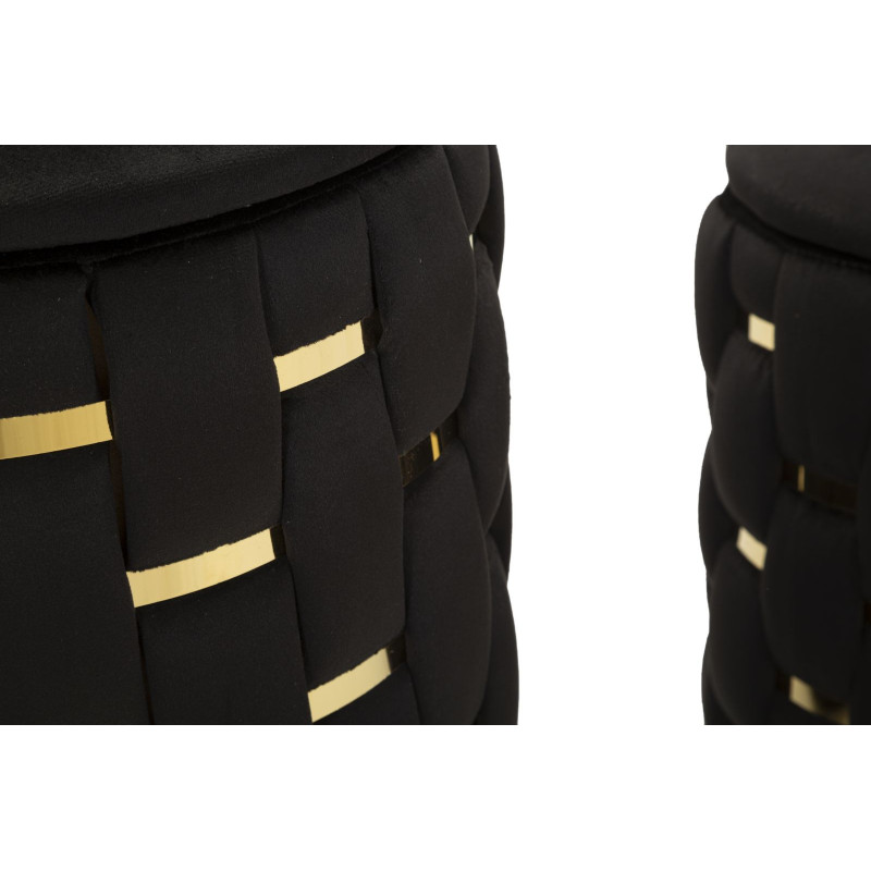 Pouf coffre rangement original chic Rond Tissu Noir Tressé MDF Métal Doré Shanty (Lot de 2) 