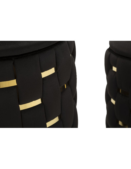 Pouf coffre rangement original chic Rond Tissu Noir Tressé MDF Métal Doré Shanty (Lot de 2) 