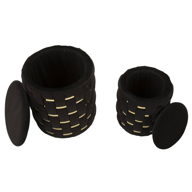 Pouf coffre rangement original chic Rond Tissu Noir Tressé MDF Métal Doré Shanty (Lot de 2) 