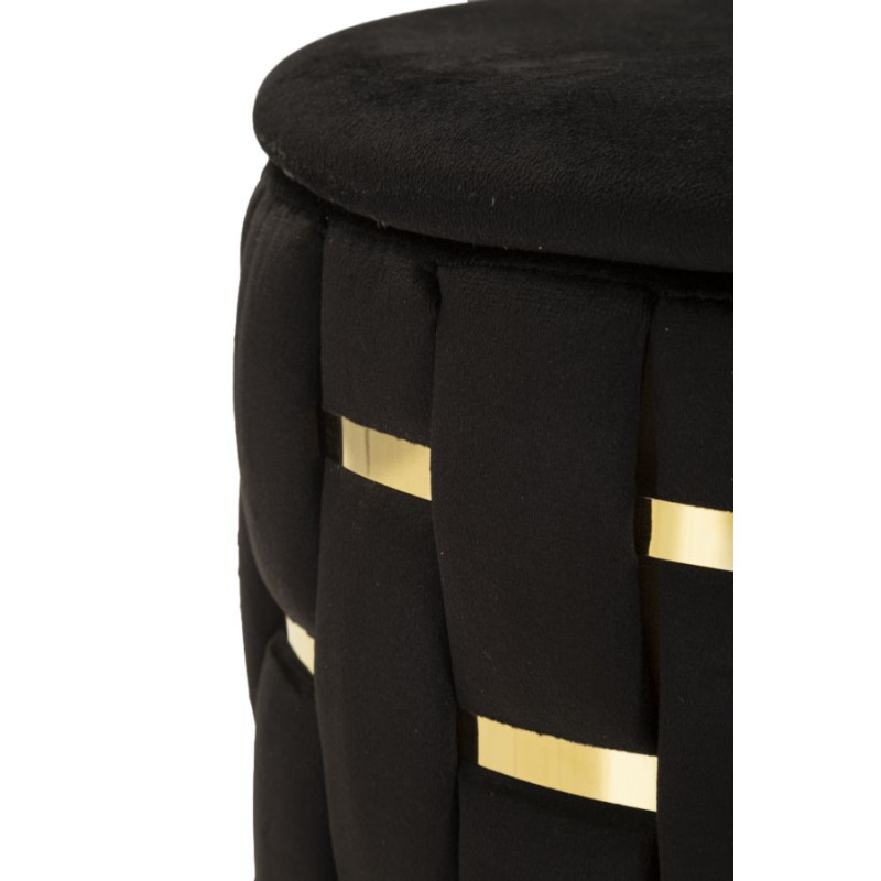 Pouf coffre rangement original chic Rond Tissu Noir Tressé MDF Métal Doré Shanty (Lot de 2) 