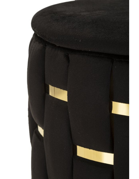 Pouf coffre rangement original chic Rond Tissu Noir Tressé MDF Métal Doré Shanty (Lot de 2) 