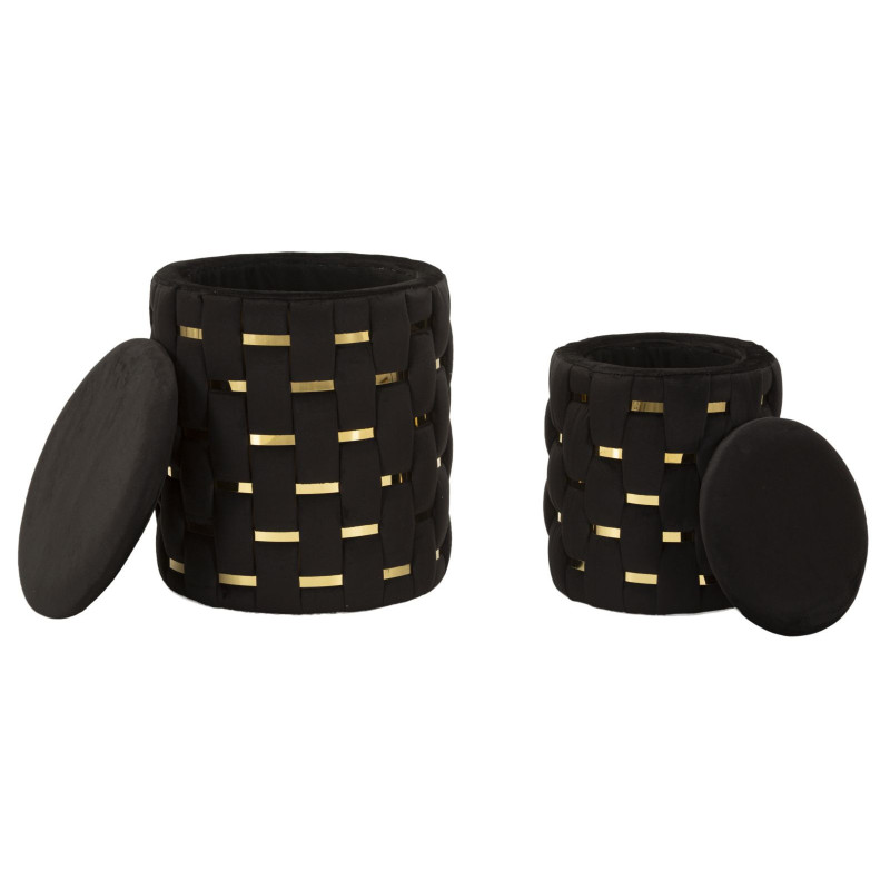 Pouf coffre rangement original chic Rond Tissu Noir Tressé MDF Métal Doré Shanty (Lot de 2) 