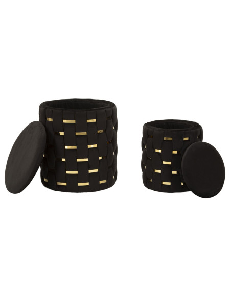 Pouf coffre rangement original chic Rond Tissu Noir Tressé MDF Métal Doré Shanty (Lot de 2) 