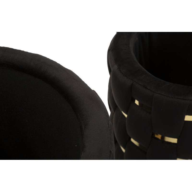 Pouf coffre rangement original chic Rond Tissu Noir Tressé MDF Métal Doré Shanty (Lot de 2) 