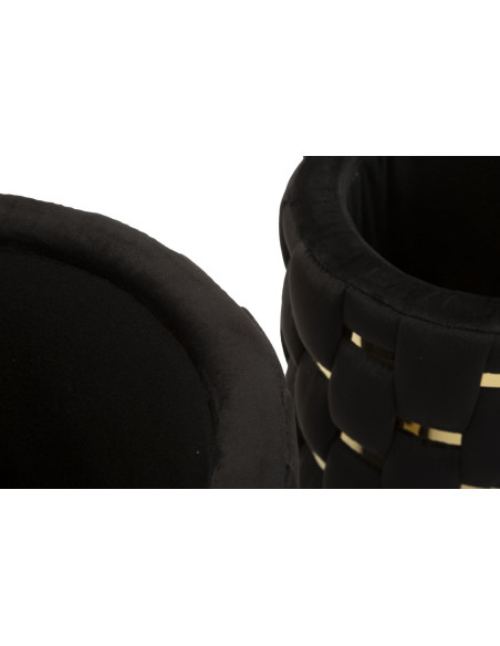 Pouf coffre rangement original chic Rond Tissu Noir Tressé MDF Métal Doré Shanty (Lot de 2) 