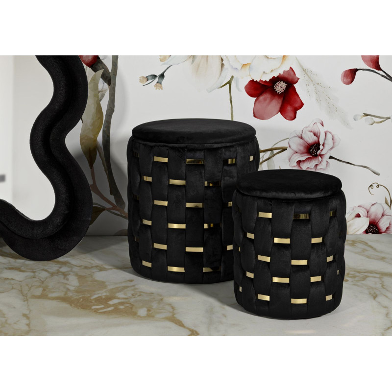 Pouf coffre rangement original chic Rond Tissu Noir Tressé MDF Métal Doré Shanty (Lot de 2) 