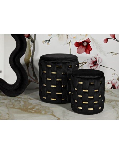 Pouf coffre rangement original chic Rond Tissu Noir Tressé MDF Métal Doré Shanty (Lot de 2) 
