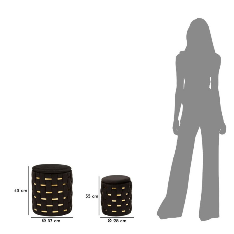 Pouf coffre rangement original chic Rond Tissu Noir Tressé MDF Métal Doré Shanty (Lot de 2) 