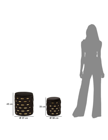 Pouf coffre rangement original chic Rond Tissu Noir Tressé MDF Métal Doré Shanty (Lot de 2) 