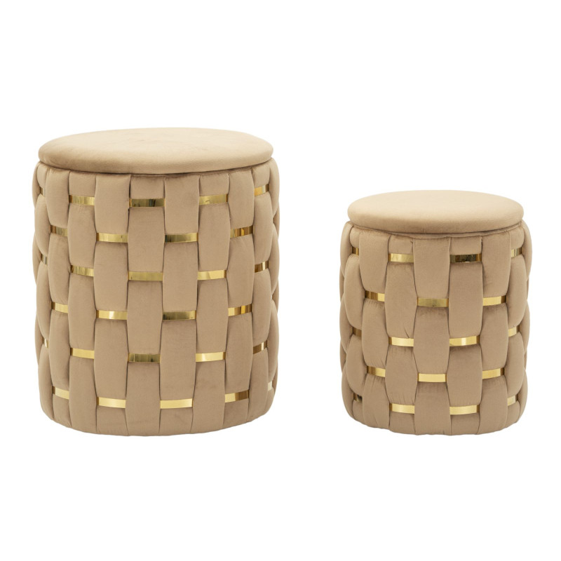 Pouf coffre rangement original chic Rond Tissu Beige Tressé MDF Métal Doré Shanty (Lot de 2) 