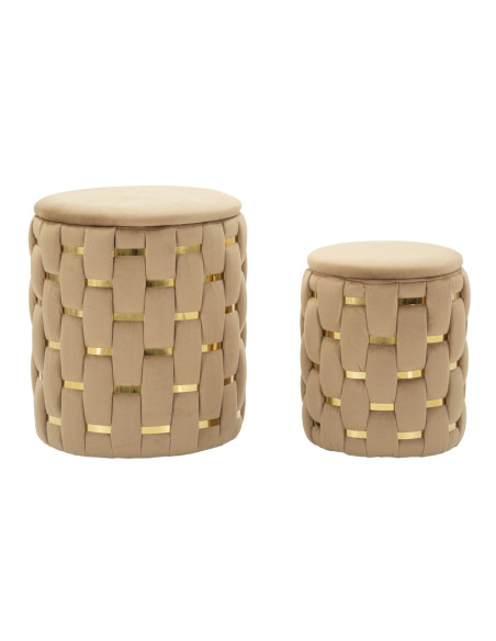 Pouf coffre rangement original chic Rond Tissu Beige Tressé MDF Métal Doré Shanty (Lot de 2) 