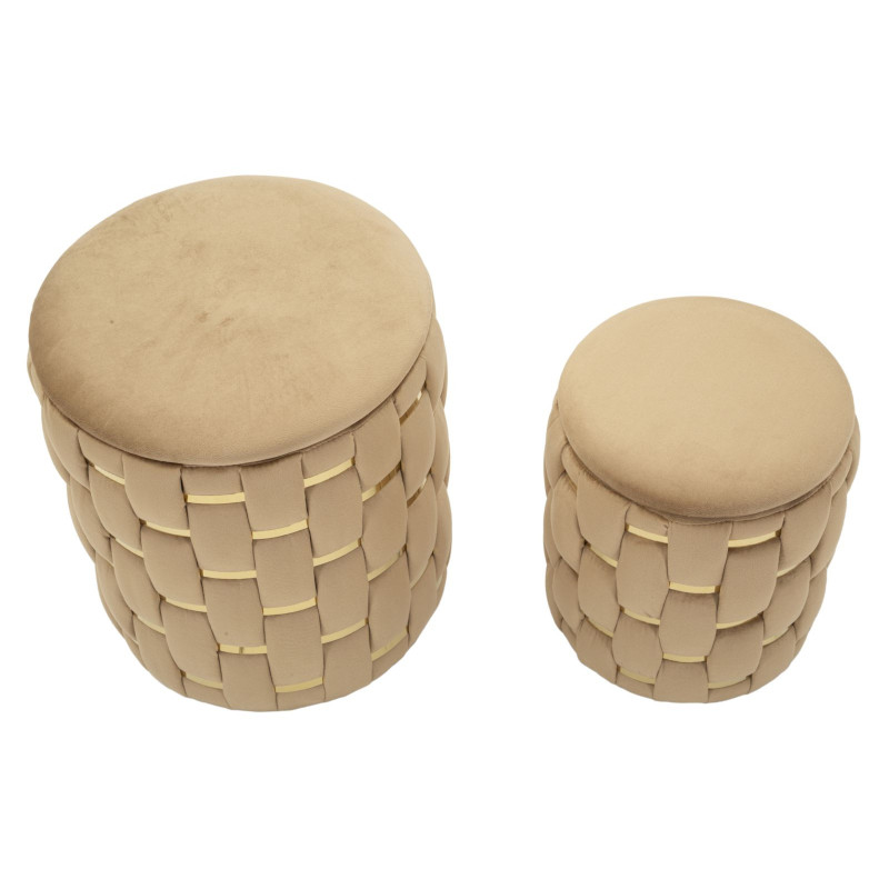 Pouf coffre rangement original chic Rond Tissu Beige Tressé MDF Métal Doré Shanty (Lot de 2) 
