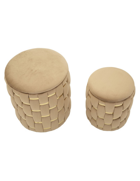 Pouf coffre rangement original chic Rond Tissu Beige Tressé MDF Métal Doré Shanty (Lot de 2) 