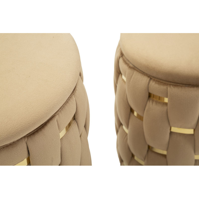Pouf coffre rangement original chic Rond Tissu Beige Tressé MDF Métal Doré Shanty (Lot de 2) 